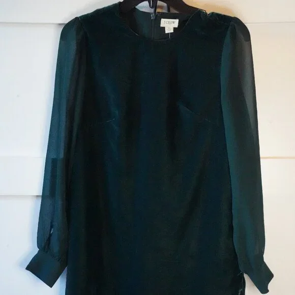 NWT, J. Crew, Velvet Sheer Long Sleeve Shift Mini Dress, Old Forest, Green NWT, J. Crew, Velvet Sheer Long Sleeve Shift Mini Dress, Old Forest, Green